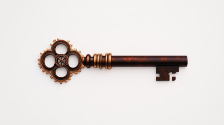 Vintage skeleton key with ornate design on white background.の写真素材
