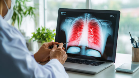 Healthcare professional analyzing lung x-ray on laptop screen in medical office.