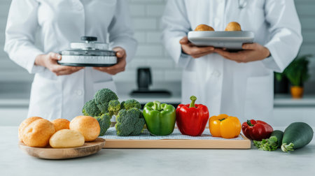 Caucasian adults holding healthy vegetables and research equipment in kitchen setting.の写真素材