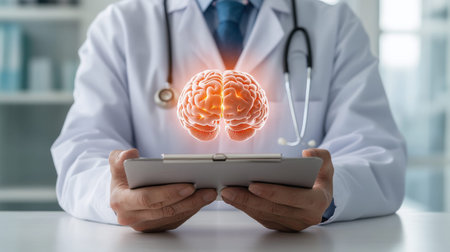 Male doctor with digital brain hologram displayed on tablet.
