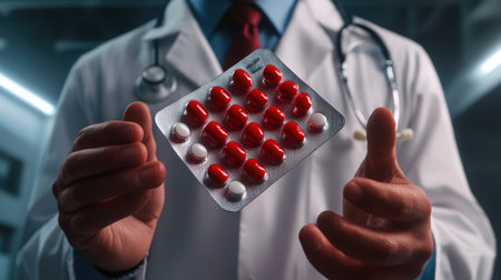 Male doctor holding red and white pills blister pack with stethoscope in medical setting.の写真素材