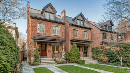 Elegant brick duplex homes with manicured lawns and classic architectural features.