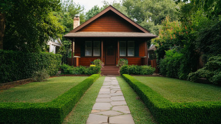 Charming red cottage with manicured lawn and stone pathway in serene garden setting.