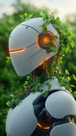 Futuristic robot with glowing circuits and green vines in natural setting.の写真素材