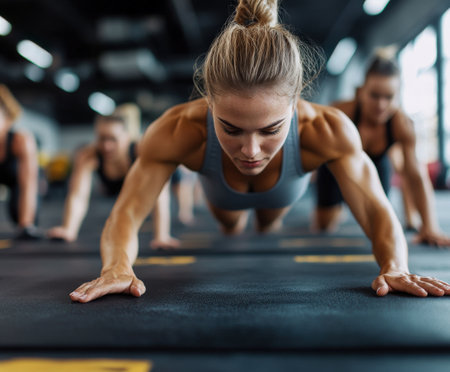 Young caucasian female doing push-ups in fitness class with other women.の写真素材