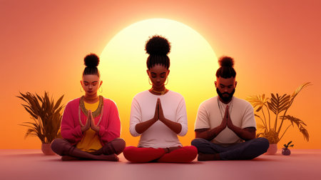 Diverse group meditating at sunset with plants and warm light.の写真素材