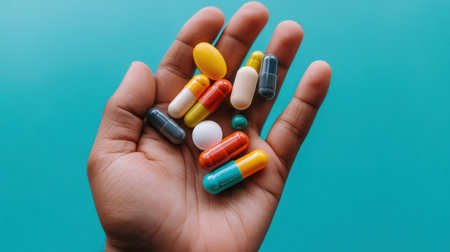 Diverse pills and capsules in hand on teal background.の写真素材