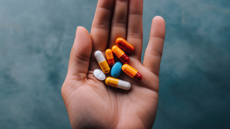 Hand holding various colorful pills and capsules on blue background.の写真素材