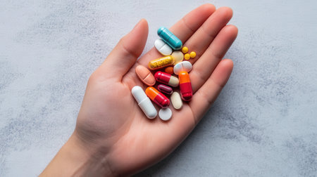 Assorted pills and capsules in hand on gray background symbolizing healthcare choices.の写真素材