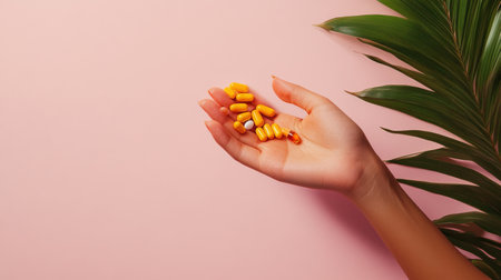 Female hand holding yellow pills: health, medicine, and nature concept on pink background.の写真素材