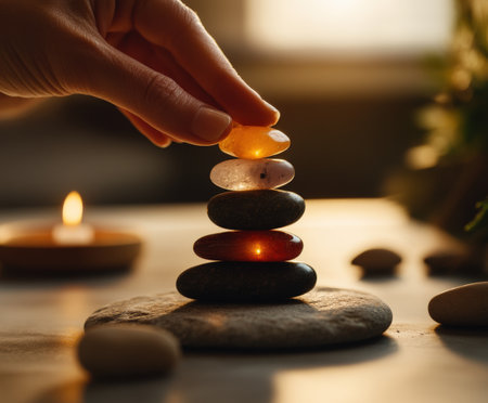 Balanced stones and candlelight in tranquil meditation setting.の写真素材
