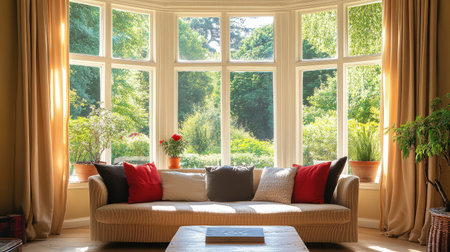Cozy living room with panoramic bay window overlooking lush garden.