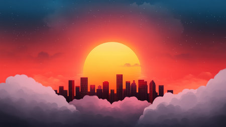 Vibrant cityscape sunset with dramatic clouds and silhouetted skyline.の写真素材