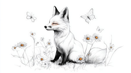 Peaceful fox among daisies and butterflies in minimalistic ink drawing.の写真素材