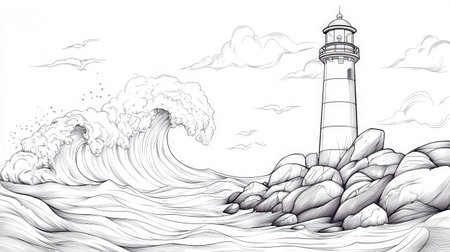 Line art lighthouse with waves and clouds illustrating a coastal scene.の写真素材