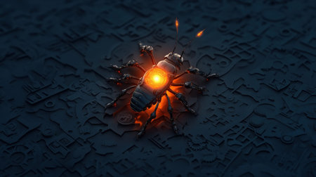 Futuristic robotic insect with glowing core on geometric dark surface.