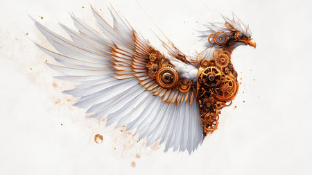 Mechanical steampunk bird with intricate gears and metallic wings in flight.の写真素材