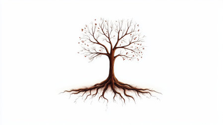 Leafless tree with exposed roots on white background.の写真素材