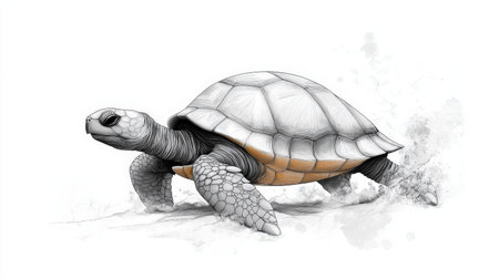 Detailed sketch of a tortoise with geometric patterns against white background.の写真素材