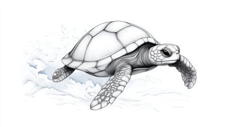 Detailed black and white illustration of a sea turtle swimming in ocean waves.の写真素材