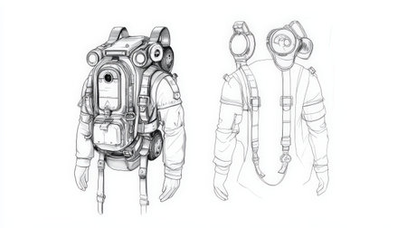 Detailed backpack design with advanced straps and features.