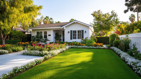 Charming white cottage with lush green lawn and colorful flower beds.