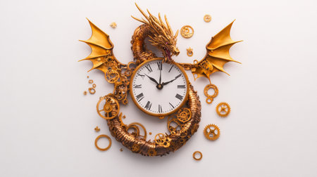 Steampunk dragon clock with gears and roman numbers.の写真素材