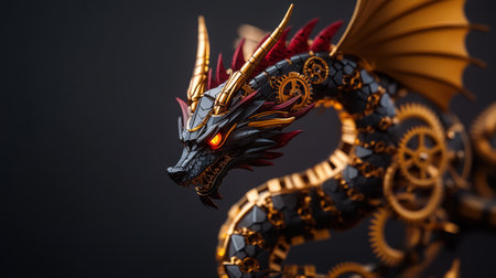 Steampunk mechanical dragon with glowing eyes and golden gears.の写真素材