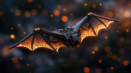 Steampunk mechanical bat with glowing wings in flight at night.の写真素材