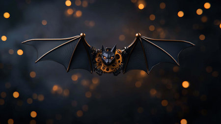 Steampunk bat-inspired mechanical drone with glowing background.の写真素材