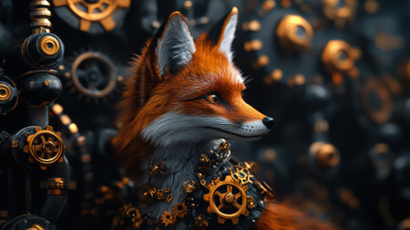 Steampunk fox surrounded by intricate gears and cogs in a mechanical setting.の写真素材