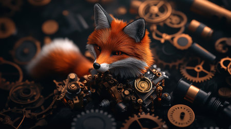 Mechanical fox among gears and cogs in steampunk design.の写真素材