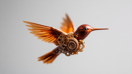 Intricate mechanical hummingbird with gears and metallic feathers.の写真素材