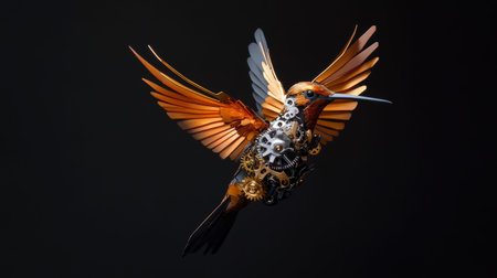 Steampunk mechanical hummingbird with gears and wings on dark background.