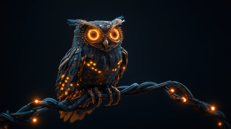 Mechanical owl illuminated with glowing eyes on twisted wire perch.の写真素材