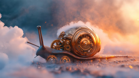 Steampunk snail with mechanical shell on misty terrain at sunset.の写真素材