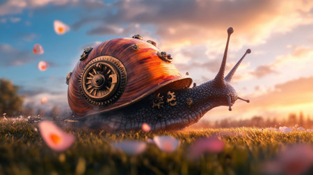 Steampunk snail in blooming field at sunset with gears and floral scenery.の写真素材