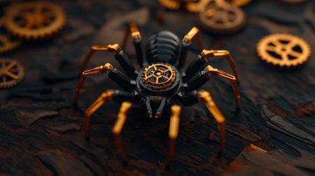 Mechanical steampunk spider with brass gears on textured surface.