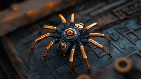Steampunk mechanical spider with brass legs on industrial background.の写真素材