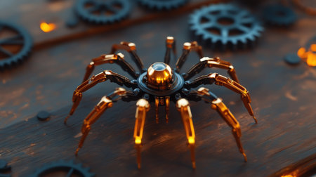 Steampunk robotic spider with metallic legs in industrial setting.の写真素材