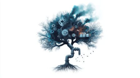 Mechanical tree fusion: surreal integration of nature and machinery.