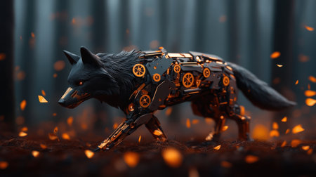 Cybernetic wolf in enchanted forest with glowing ember particles.の写真素材