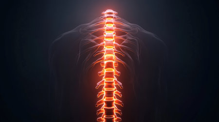 Glowing human spine visualization with highlighted vertebrae.の写真素材