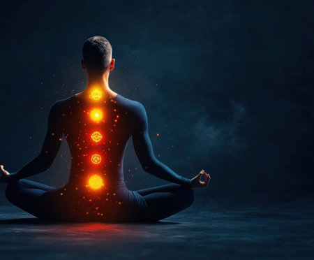 Young male meditation with glowing chakras in dark ambient setting.