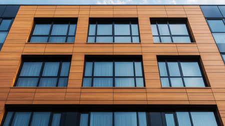 Modern building facade with wooden panels and large windows reflecting sky.