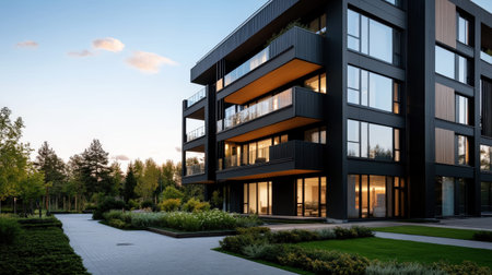 Modern urban apartment building with large windows and lush landscape at sunset.