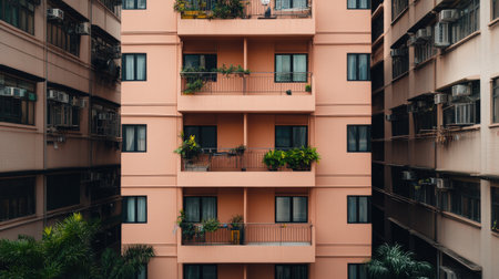 Pink apartment building with balconies and plants in urban setting.の写真素材