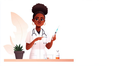 African female doctor preparing syringe for vaccine injection with focused expression.