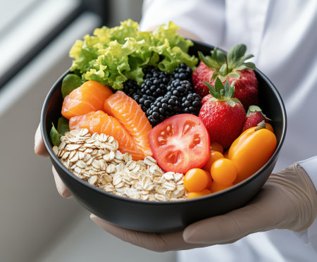 Nutritious bowl of fresh fruits, vegetables, and grains held by gloved hands.の写真素材