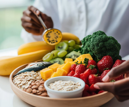 Young african male enjoying a healthy assorted fresh fruit and vegetable platter.の写真素材